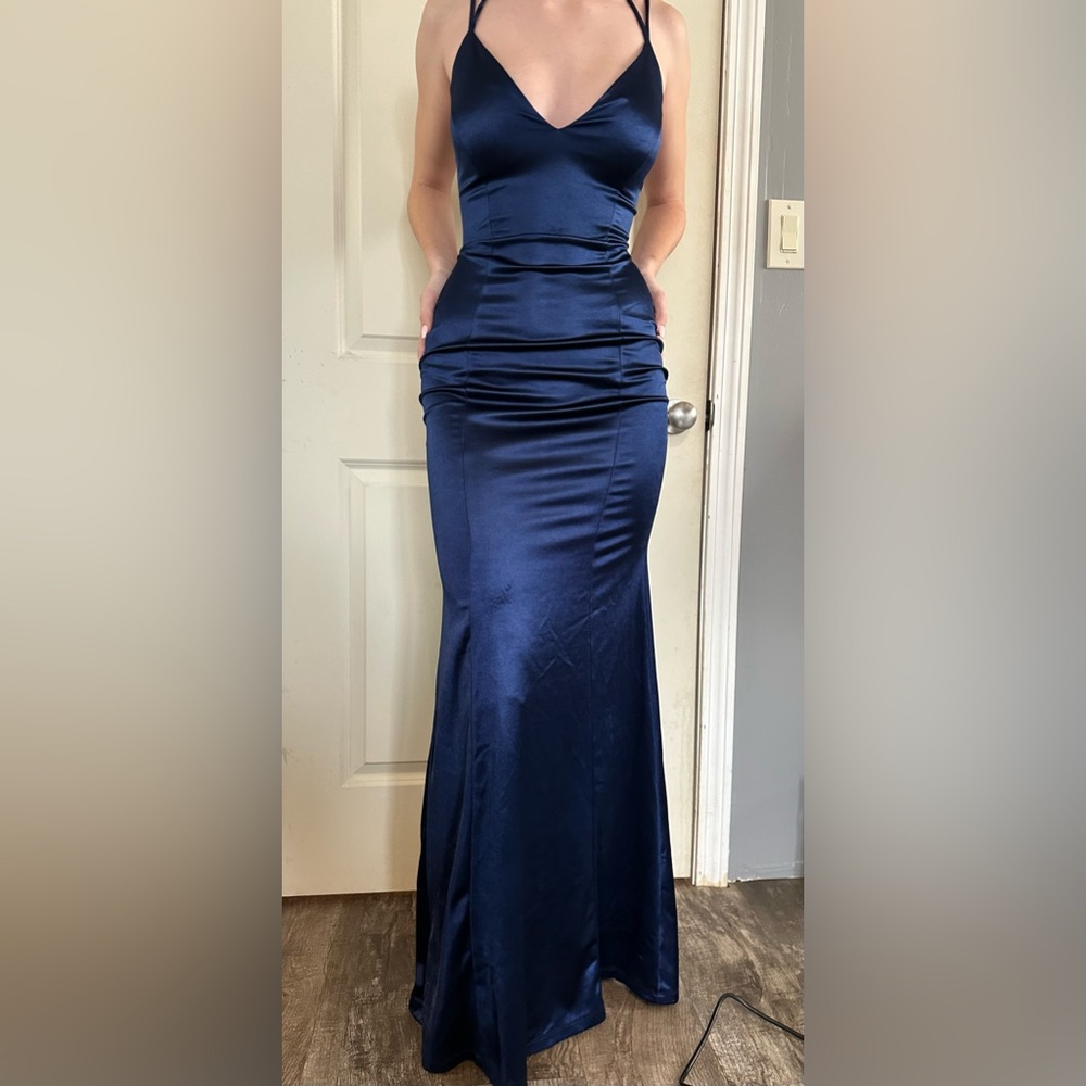 Navy blue small satin prom dress